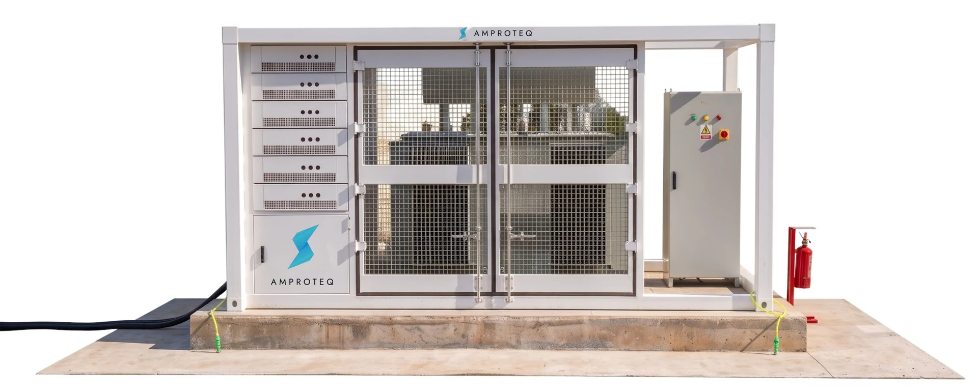 The APEX X2500 skid seen side-on: six converter drawers and a branded service door on the left, twin mesh doors over the transformer in the centre, the distribution cabinet in the open bay on the right