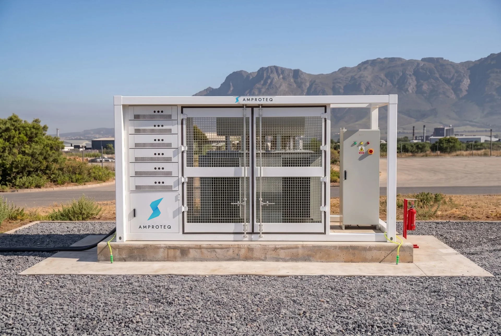 An AMPROTEQ APEX X2500 medium-voltage power skid on a concrete plinth, with converter drawers, a guarded transformer bay and a distribution cabinet, in front of a mountain range