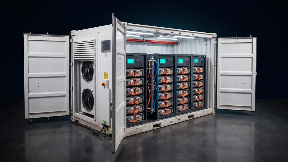 An A100 battery container with its doors open, showing four battery racks and the liquid-cooling unit