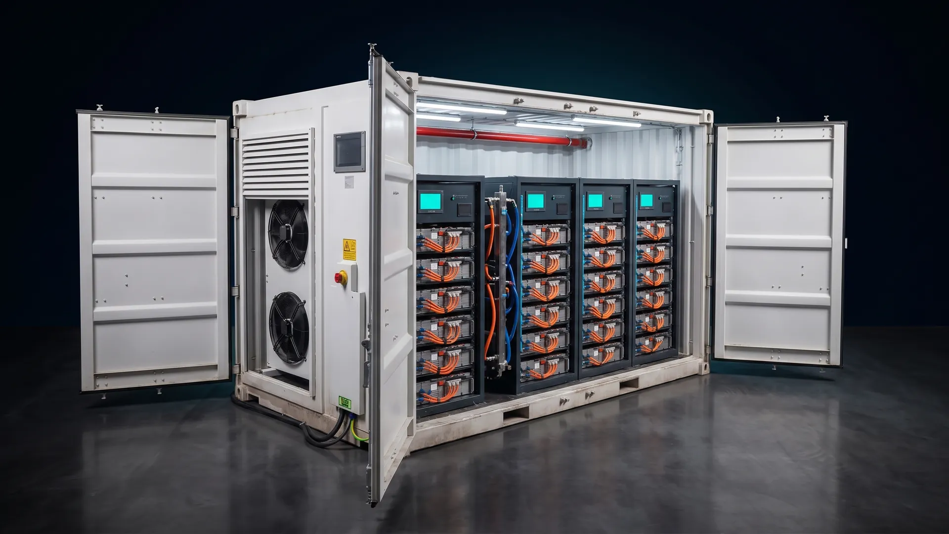 An AMPROTEQ A100 battery container with its doors open, showing four battery racks and the liquid-cooling unit