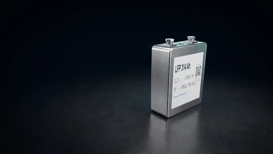 A 314 Ah prismatic lithium iron phosphate cell with two terminal posts and a printed label