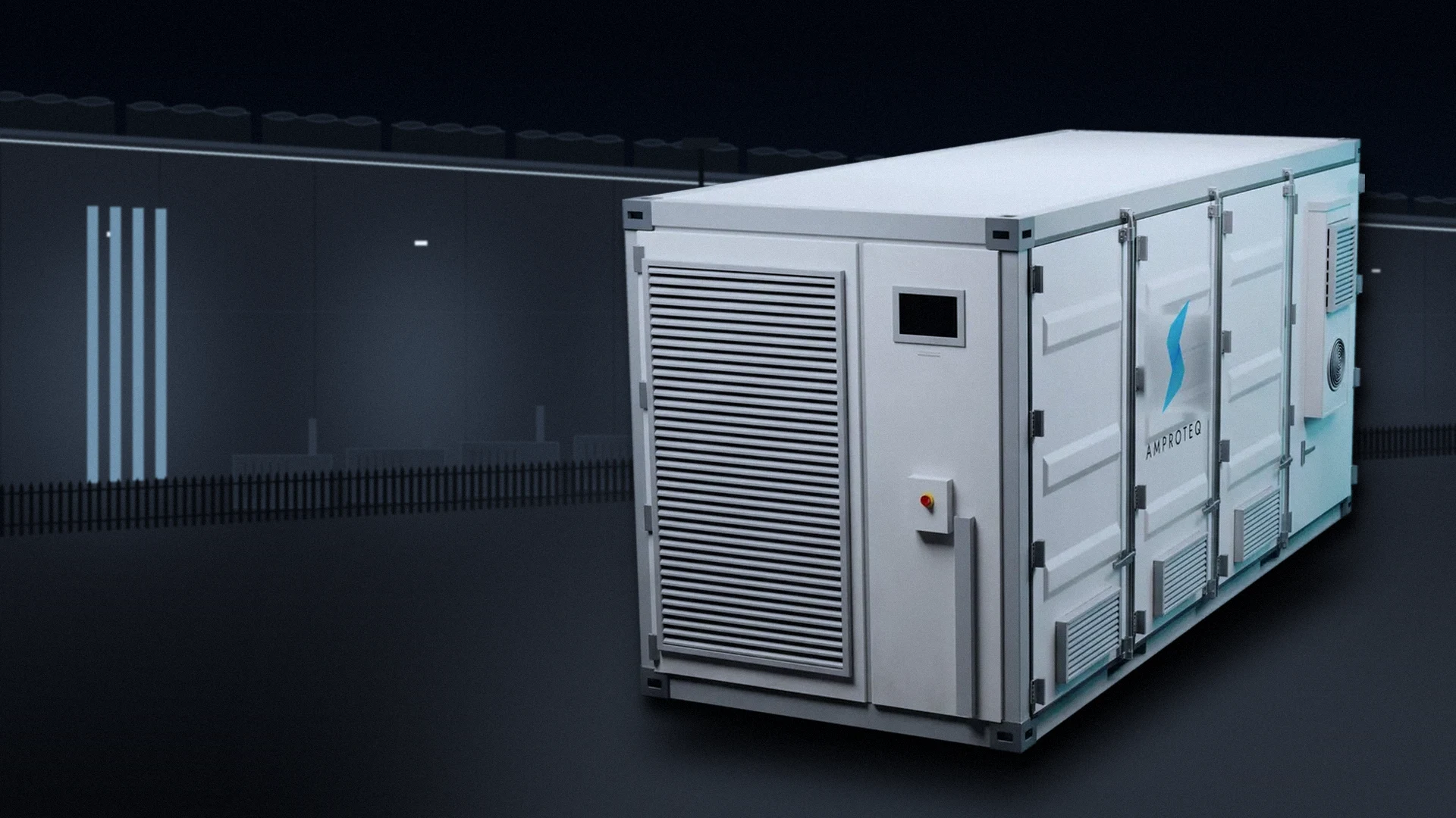 An AMPROTEQ APEX 20 ft battery container on a concrete apron in front of a data-centre hall at night