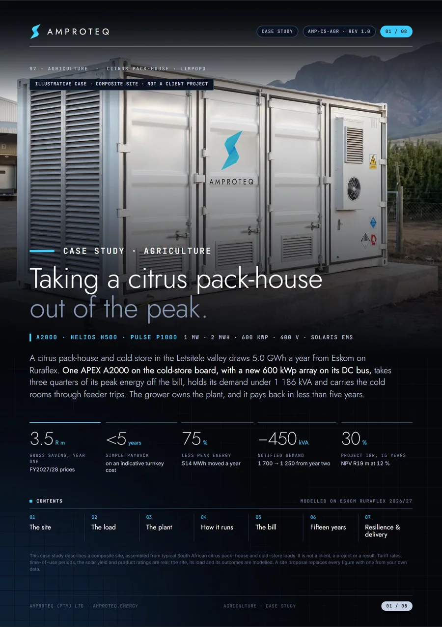 Cover of the AMPROTEQ agriculture case study: an APEX battery container beside a pack-house loading dock, with orchards and mountains behind, and the headline Taking a citrus pack-house out of the peak
