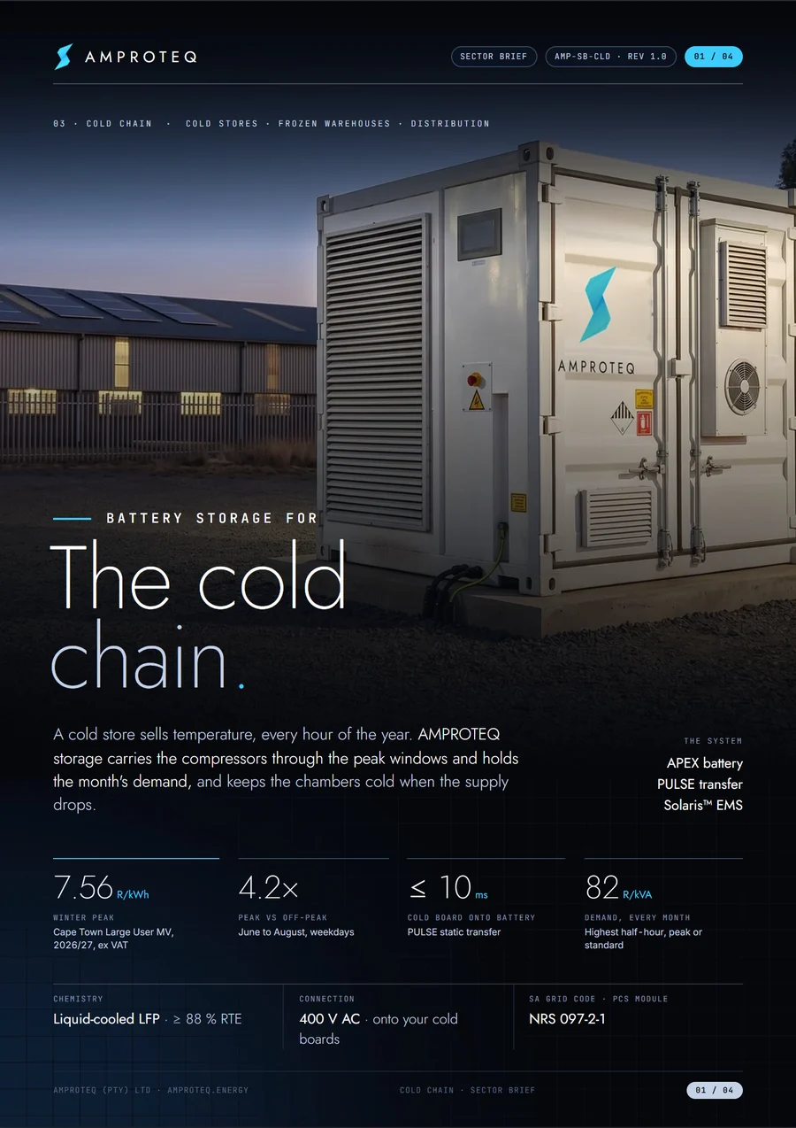 Cover of the AMPROTEQ cold chain sector brief: an APEX battery container beside warehouse sheds with rooftop solar at dusk, with the headline Battery storage for the cold chain