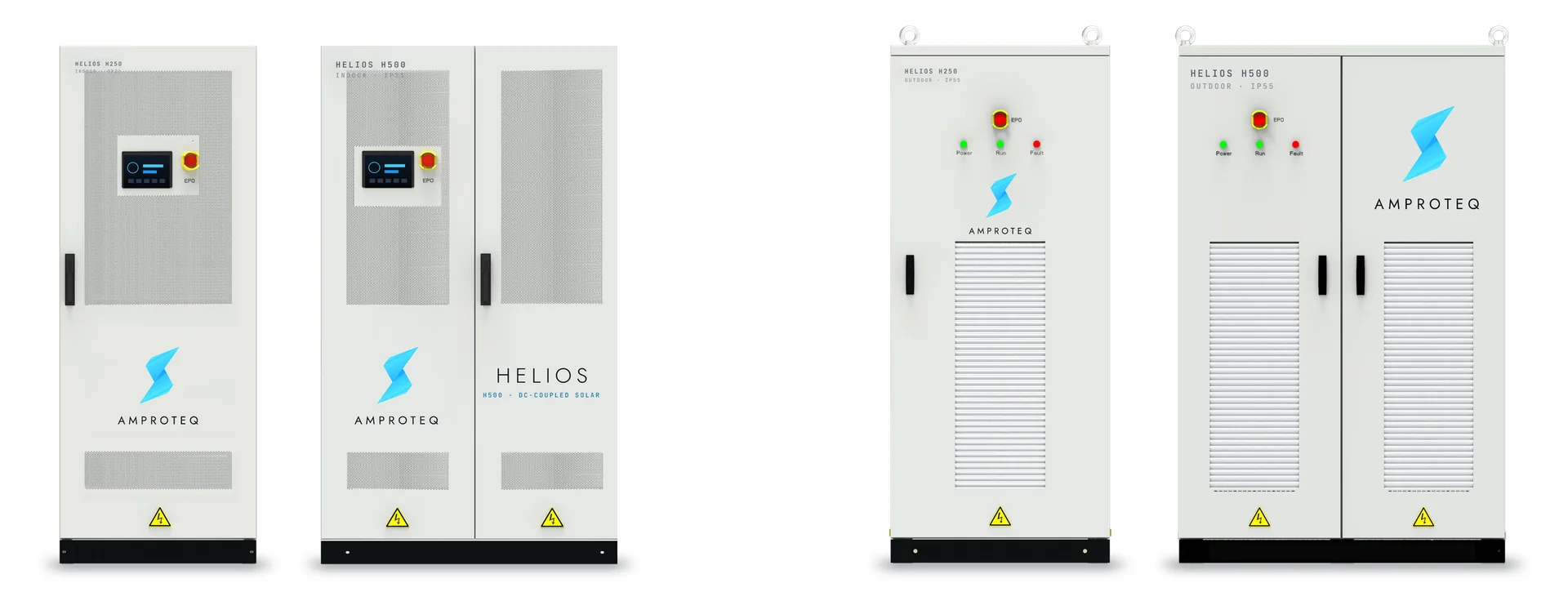 The four HELIOS cabinets front-on, to scale: the indoor H250-I and H500-I with perforated doors and a touch panel, then the outdoor H250-O and H500-O with lifting eyes, louvred intakes and status lamps