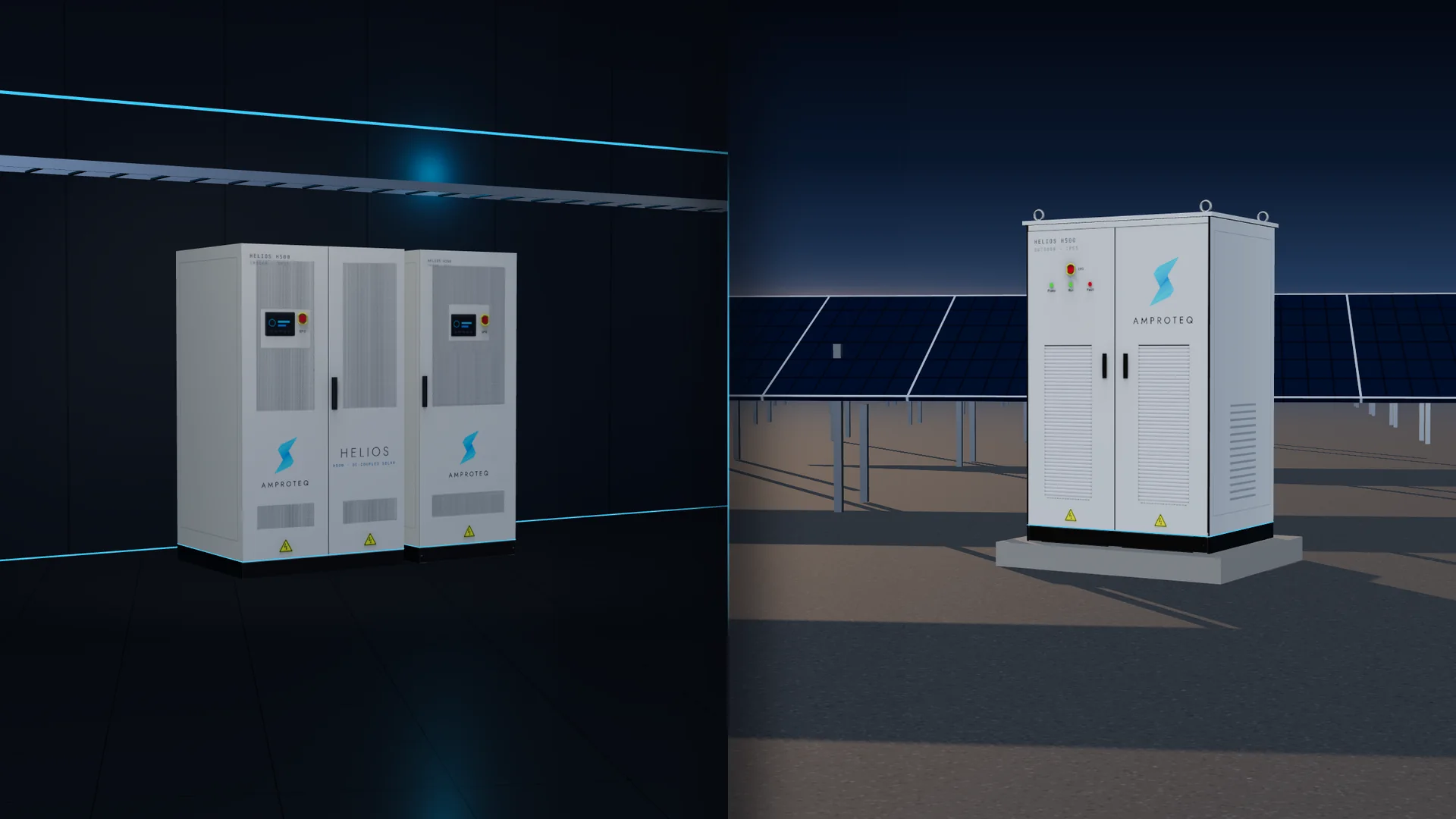 Left: an indoor HELIOS H500-I and H250-I in a plant room under cyan light. Right: an outdoor HELIOS H500-O on a concrete plinth beside a solar array at dusk