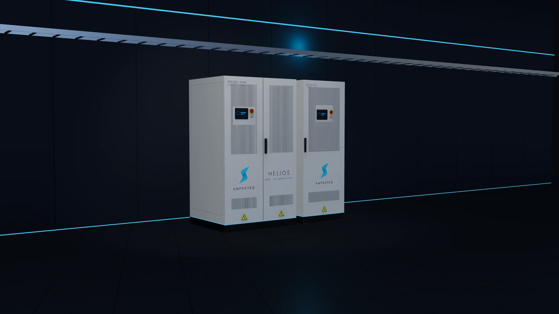 An indoor HELIOS H500-I and H250-I side by side in a plant room, with a cable tray overhead