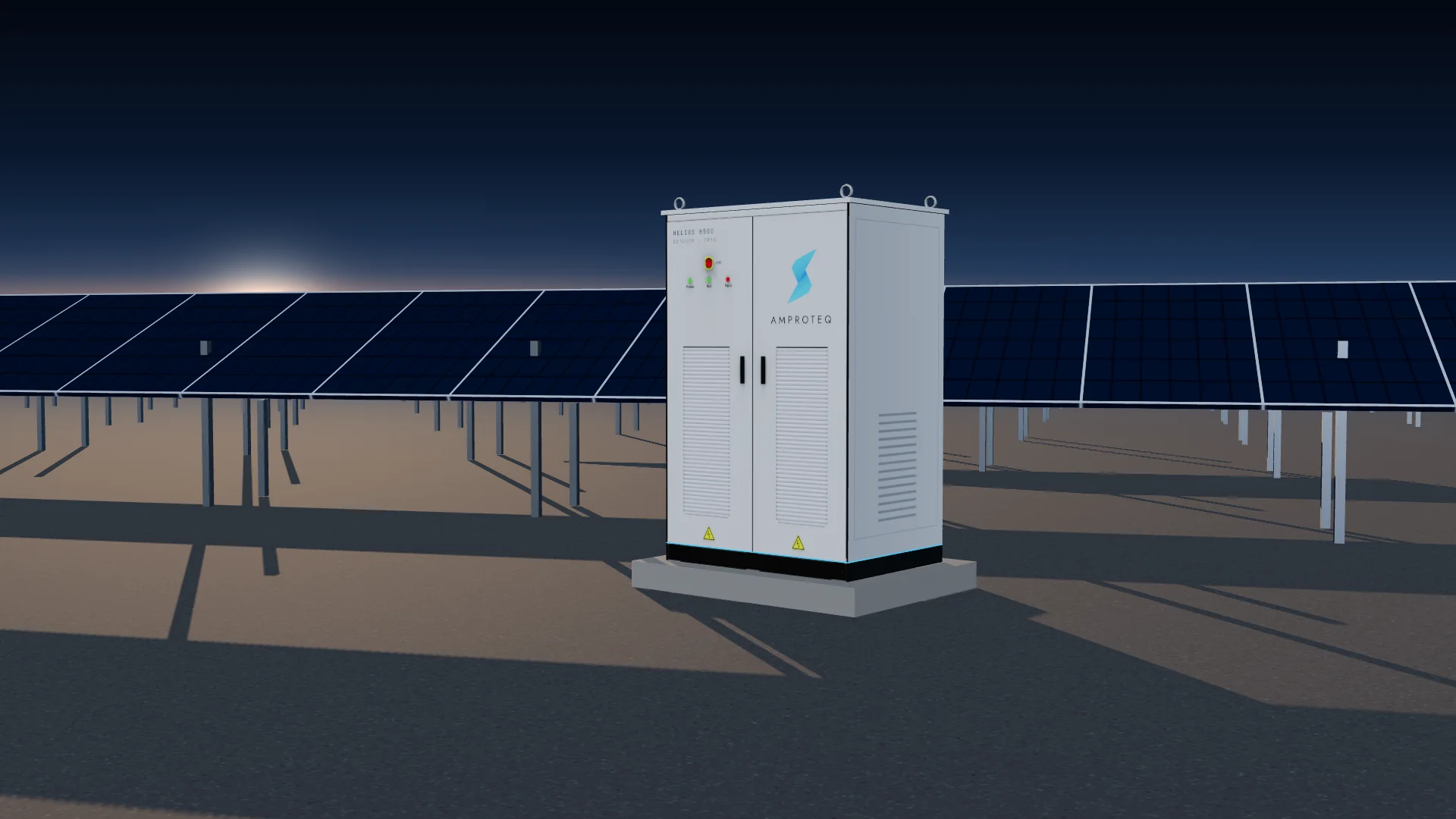 An outdoor HELIOS H500-O on a concrete plinth in front of rows of solar panels at dusk