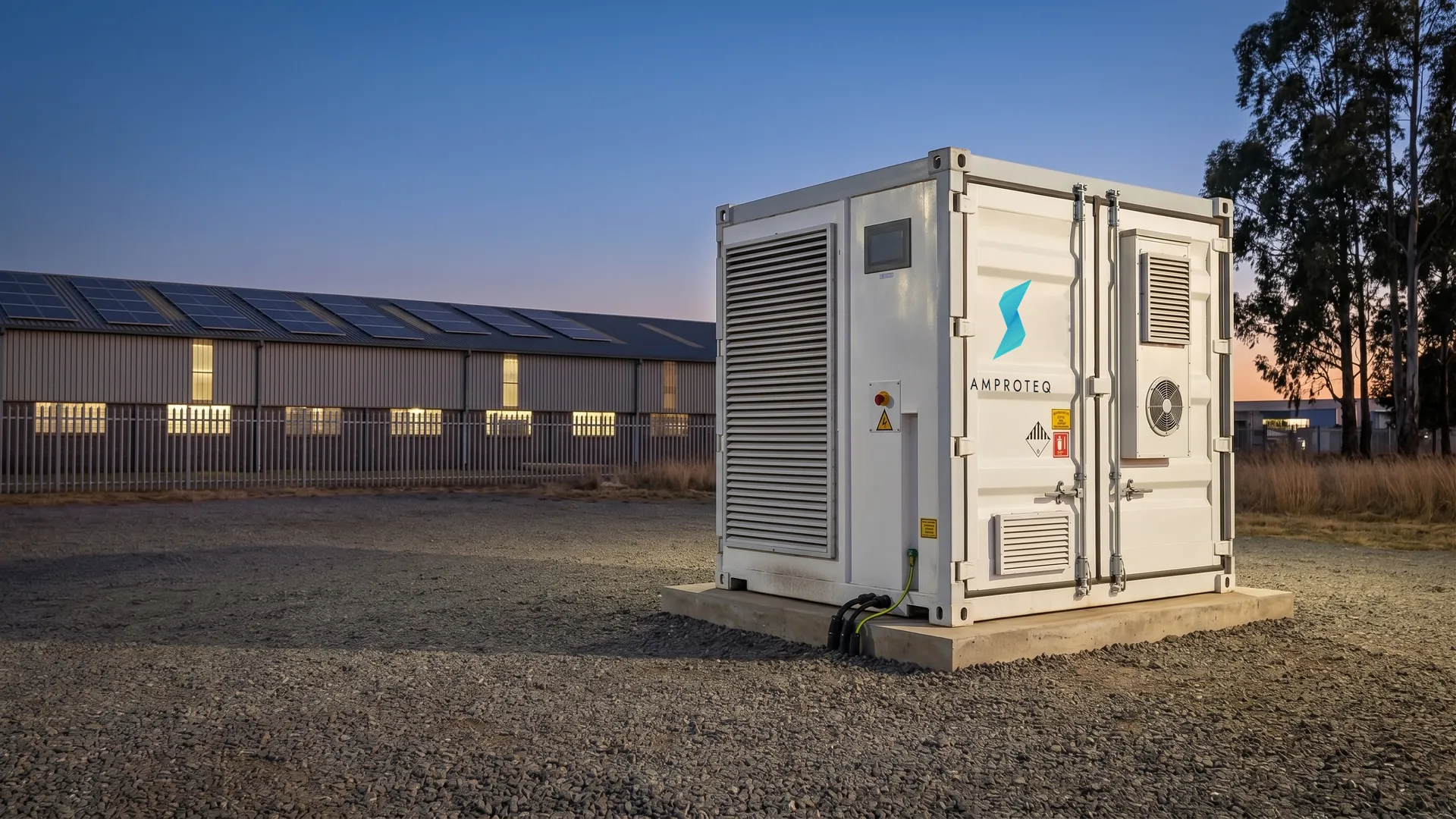An AMPROTEQ A100 battery container on its plinth at dusk