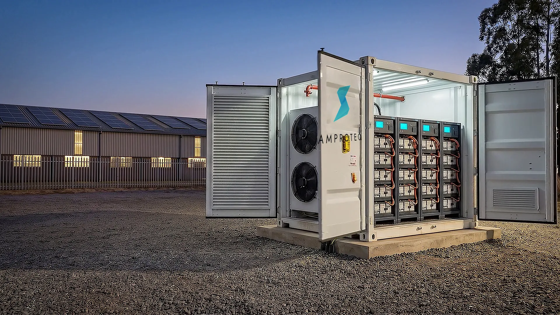 An AMPROTEQ A100 battery container with its doors open, showing liquid-cooled battery racks and the cooling unit