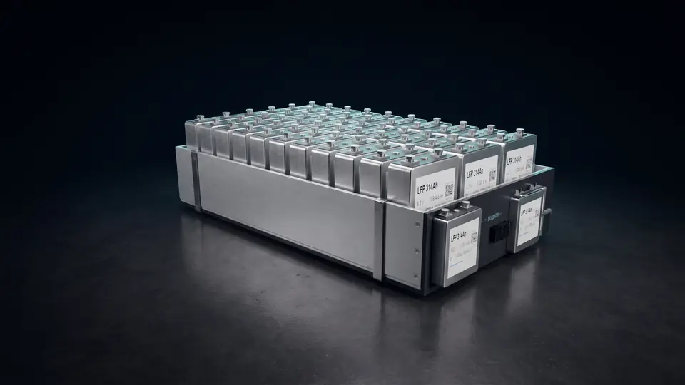 An open battery pack with rows of prismatic cells standing in an aluminium tray on a cooling plate