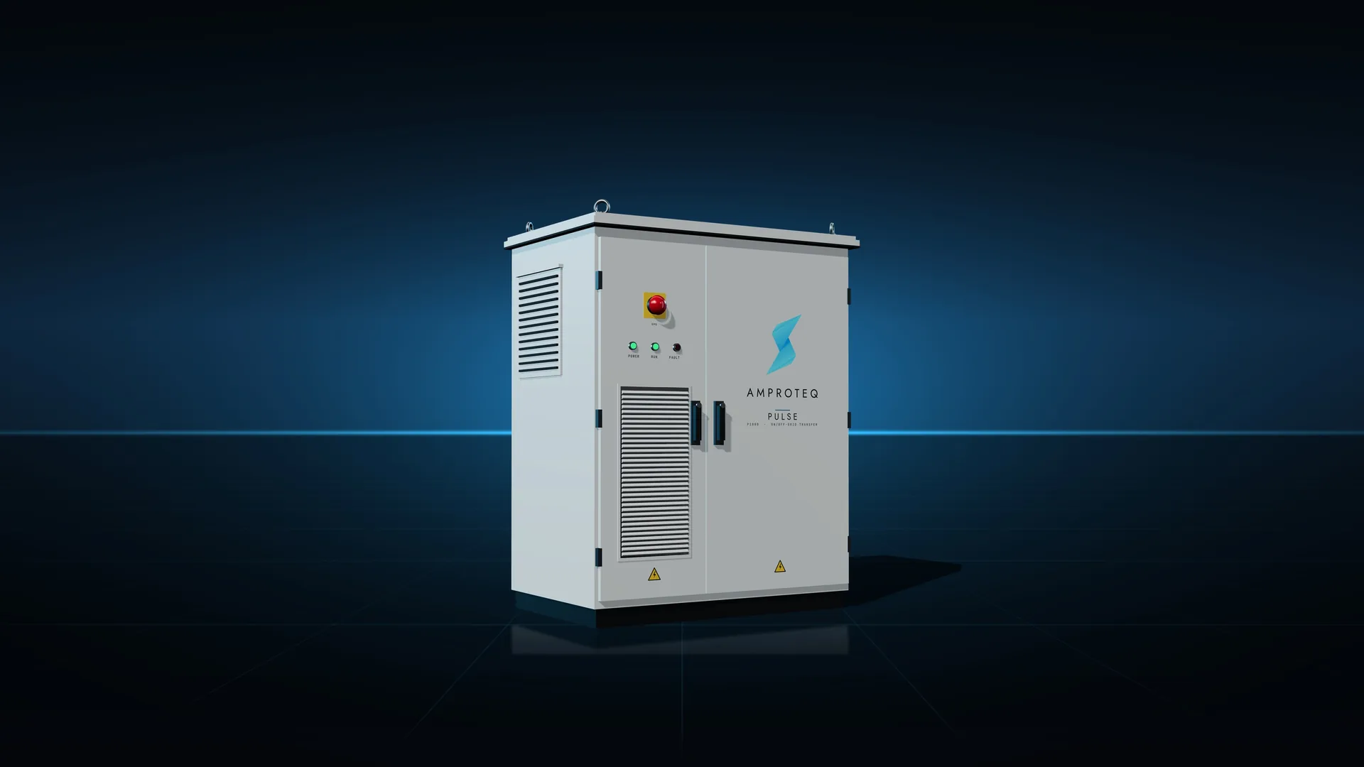 The AMPROTEQ PULSE P1000 transfer cabinet, a two-door outdoor enclosure with an emergency stop, status lamps and a louvred intake on the left door and the AMPROTEQ badge on the right, in a dark studio