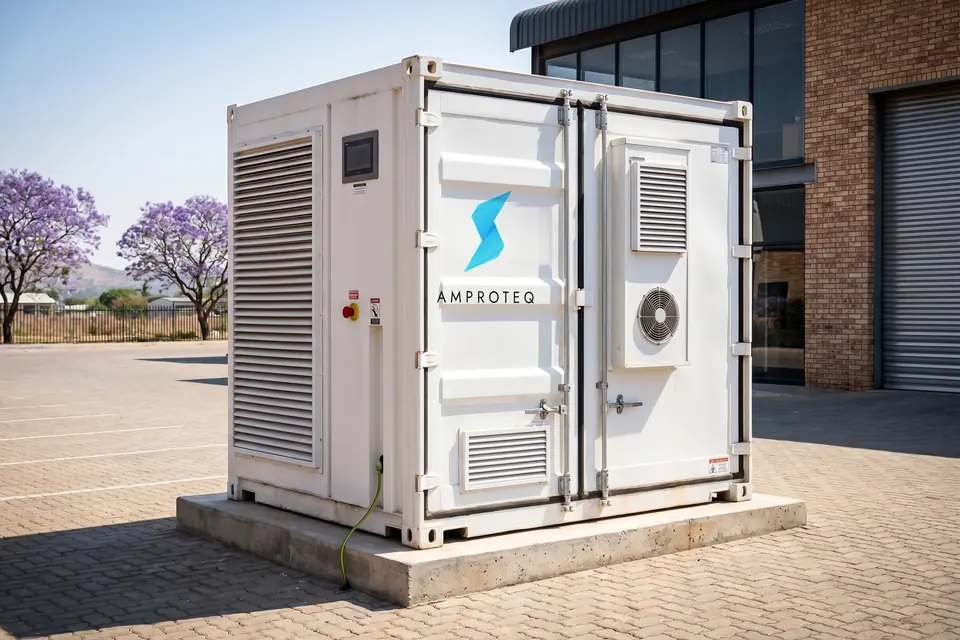 An AMPROTEQ A100 10 ft battery container in the service yard of an office park