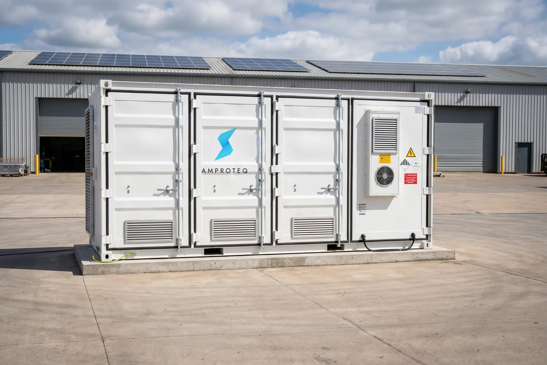 An AMPROTEQ battery container at a manufacturing plant