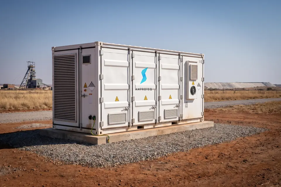 An AMPROTEQ A400 20 ft battery container on a gravel pad at a mine