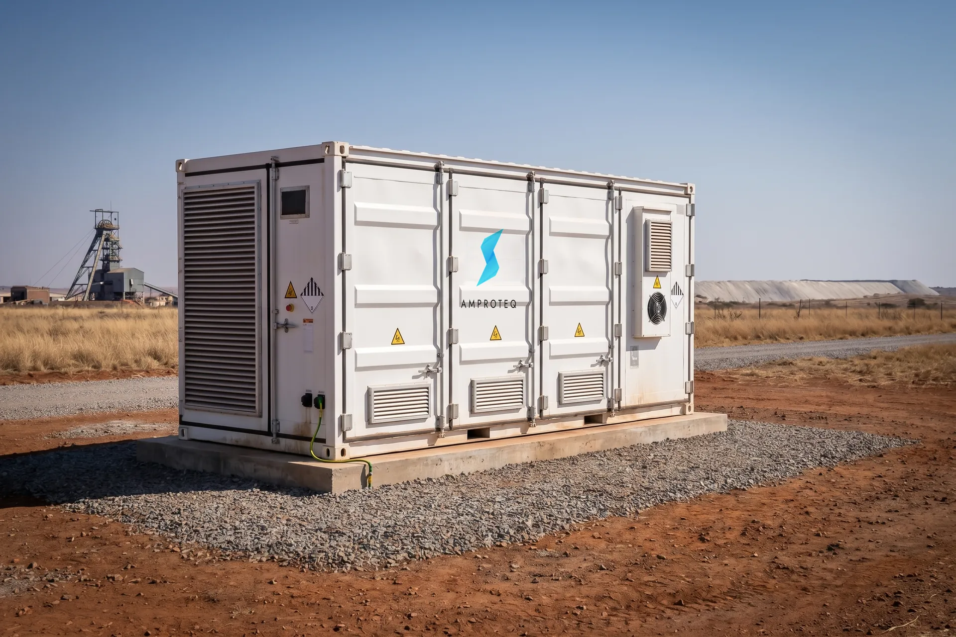 An AMPROTEQ 20 ft battery container on a gravel pad at a South African mine