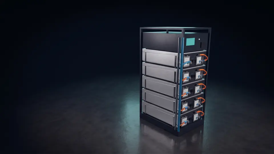 A battery rack holding five liquid-cooled packs with a cluster controller on top