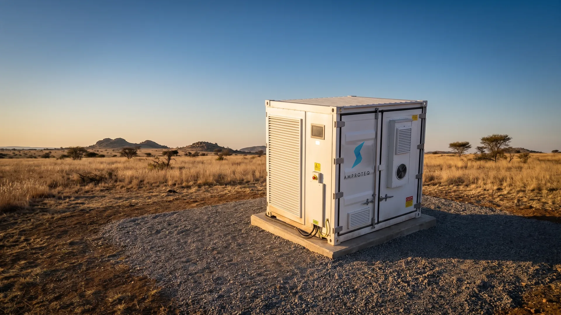 An AMPROTEQ A100 battery container on its concrete plinth in Highveld grassland at golden hour