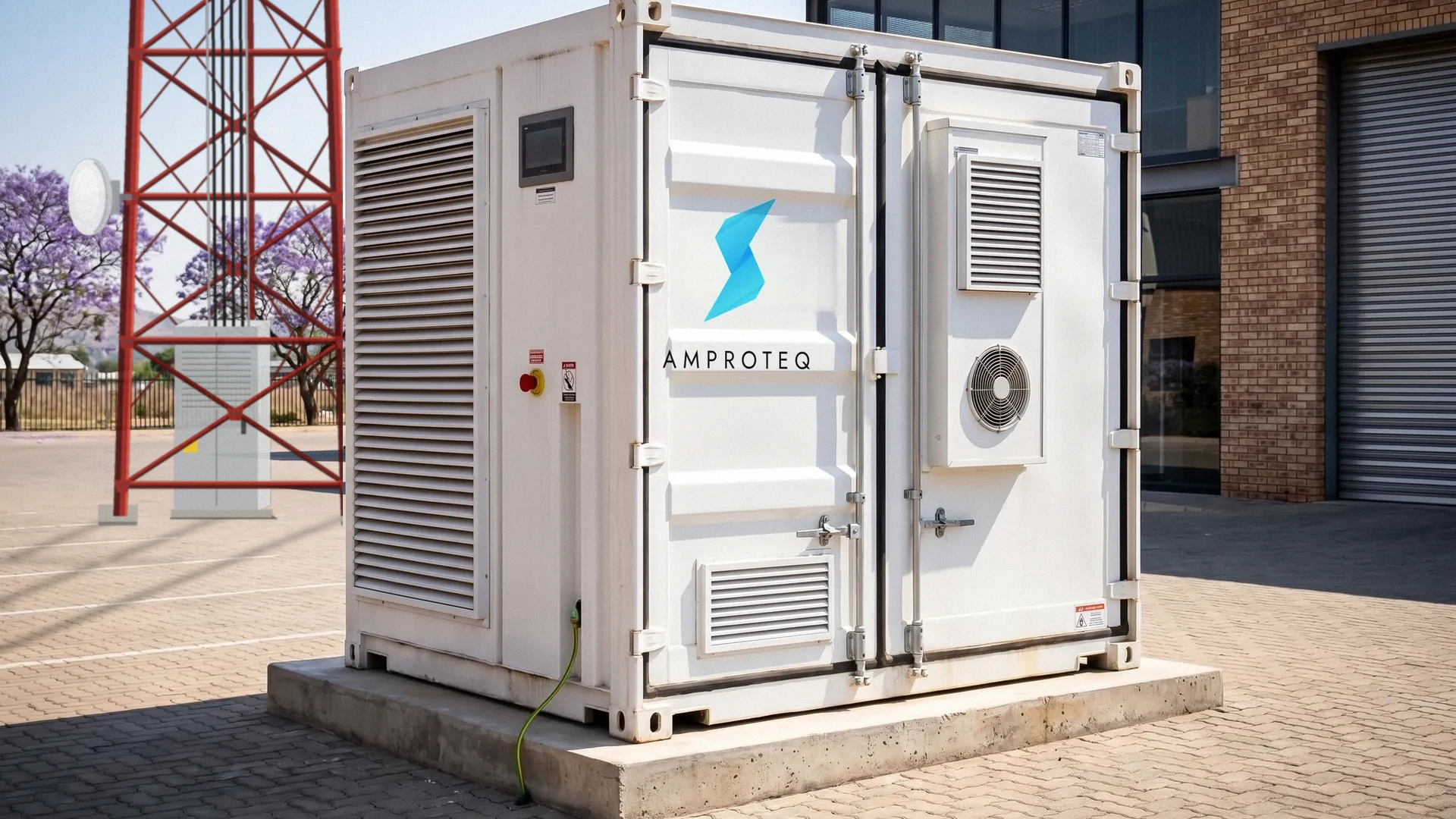 An AMPROTEQ A1000 battery container in a paved yard, a red lattice base-station mast and its equipment cabinet a few metres behind it