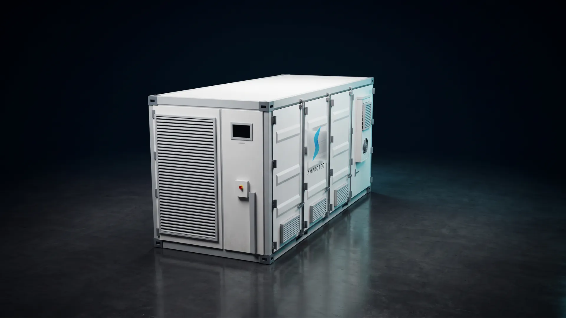 An AMPROTEQ 20 ft high-cube battery storage container with louvered end door, three battery doors and an air-conditioning door