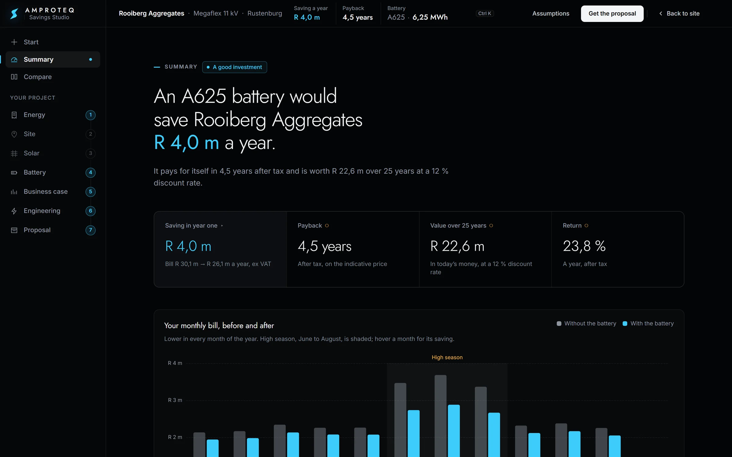 The Savings Studio summary for a quarry: an A625 battery would save R 4,0 m a year