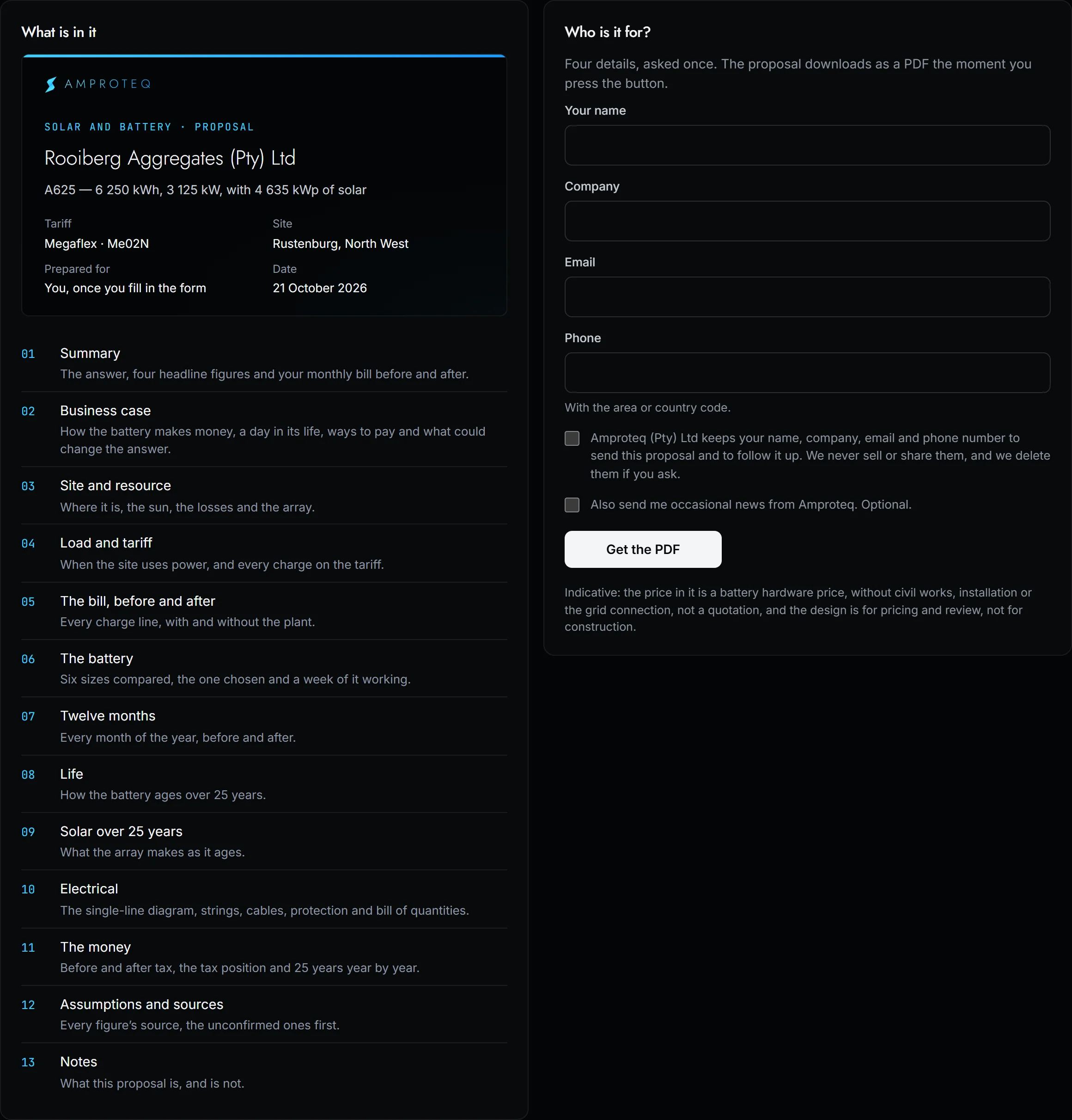 The Proposal screen: the PDF outline and who it is for