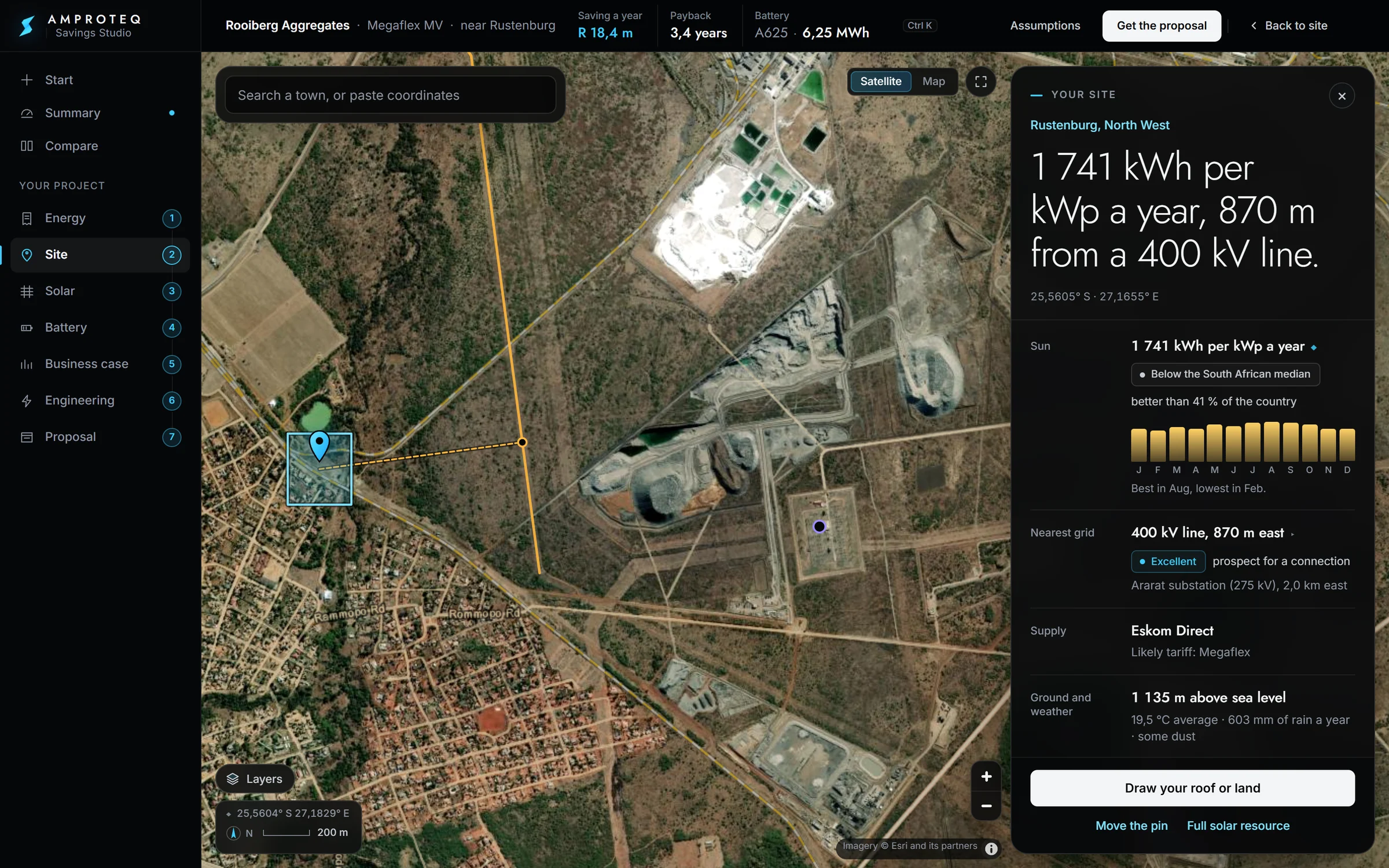 The Site screen: the quarry’s land drawn on a satellite map