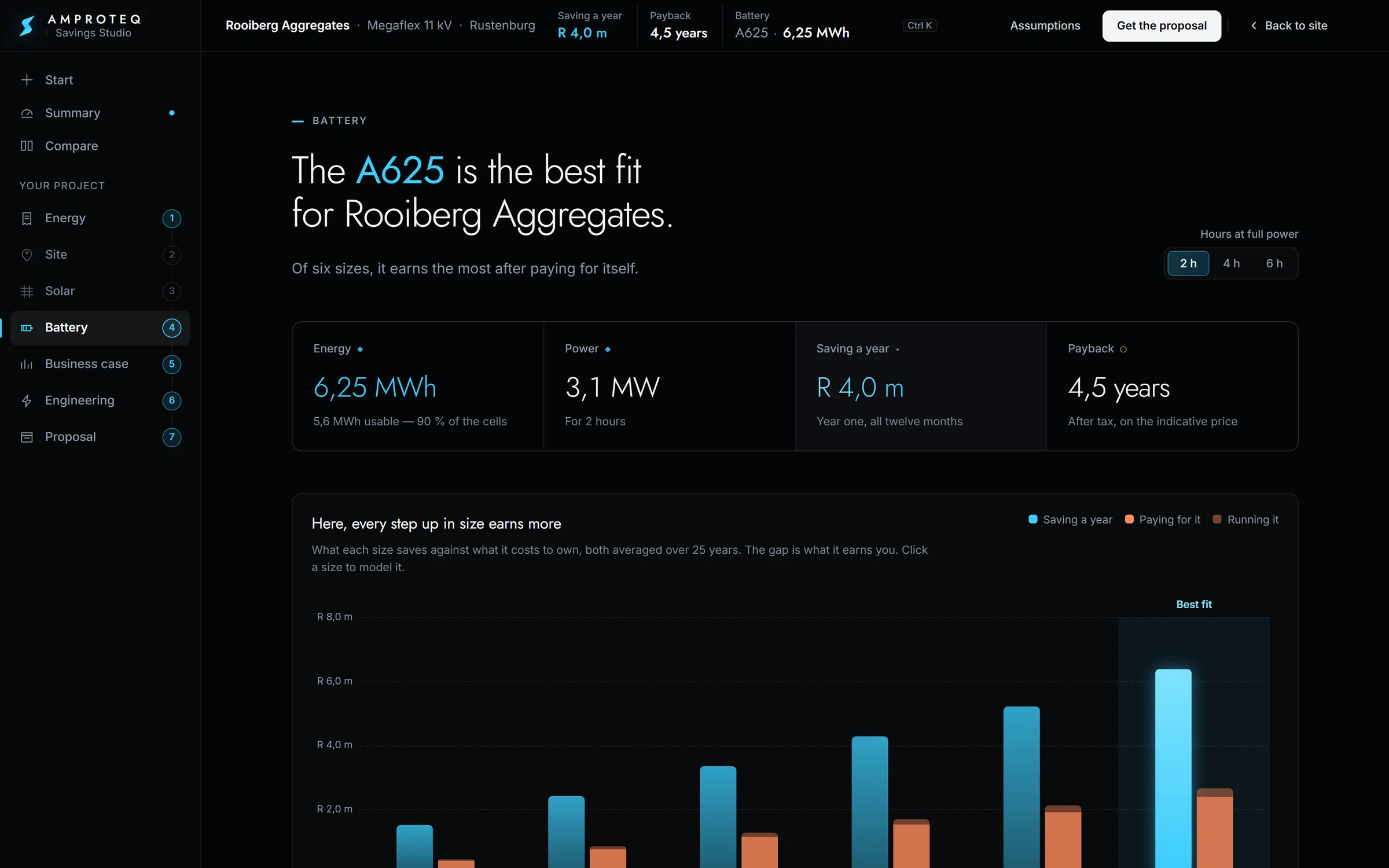 The Battery screen: six sizes compared by saving and cost
