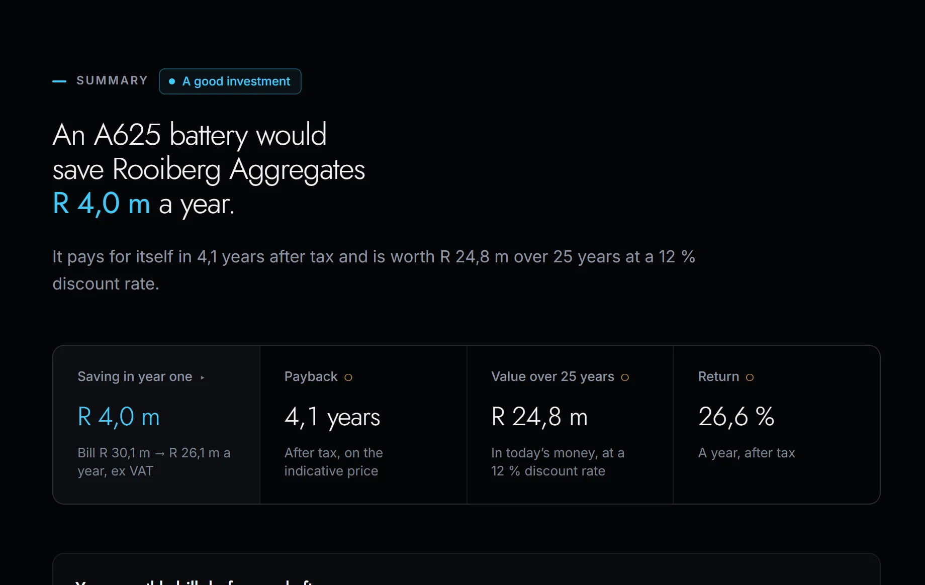 The Summary screen for a quarry on Megaflex: the saving a year, the payback and the bill before and after.